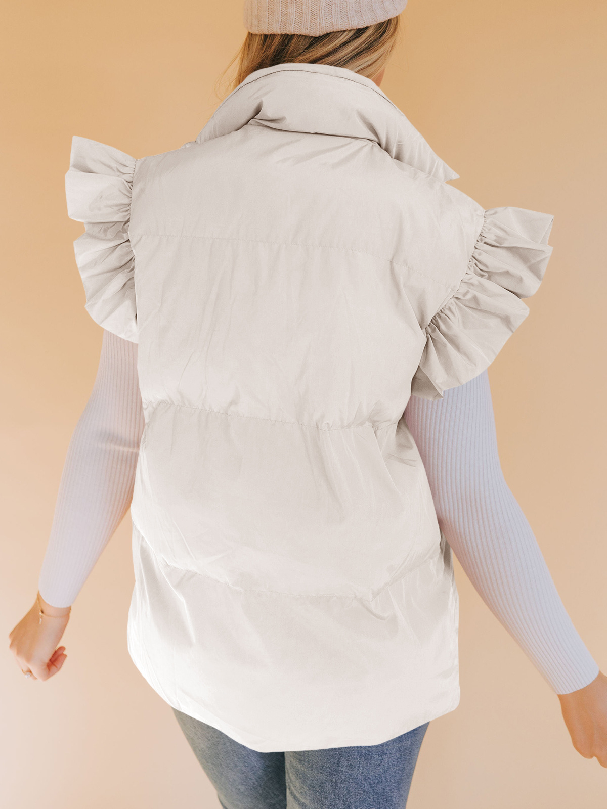 Grenzüberschreitende europäische und amerikanische Herbst- und Winterneuheiten mit lockerer Tasche und Baumwollpolsterung, fliegende Ärmel, elegante Weste, Stehkragen, Mode, Einreiher_voghion.com