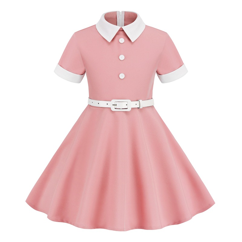 Amazon cross-border European and American Girls' Foreign trade dress short-sleeved belt stitching retro children's clothing dress