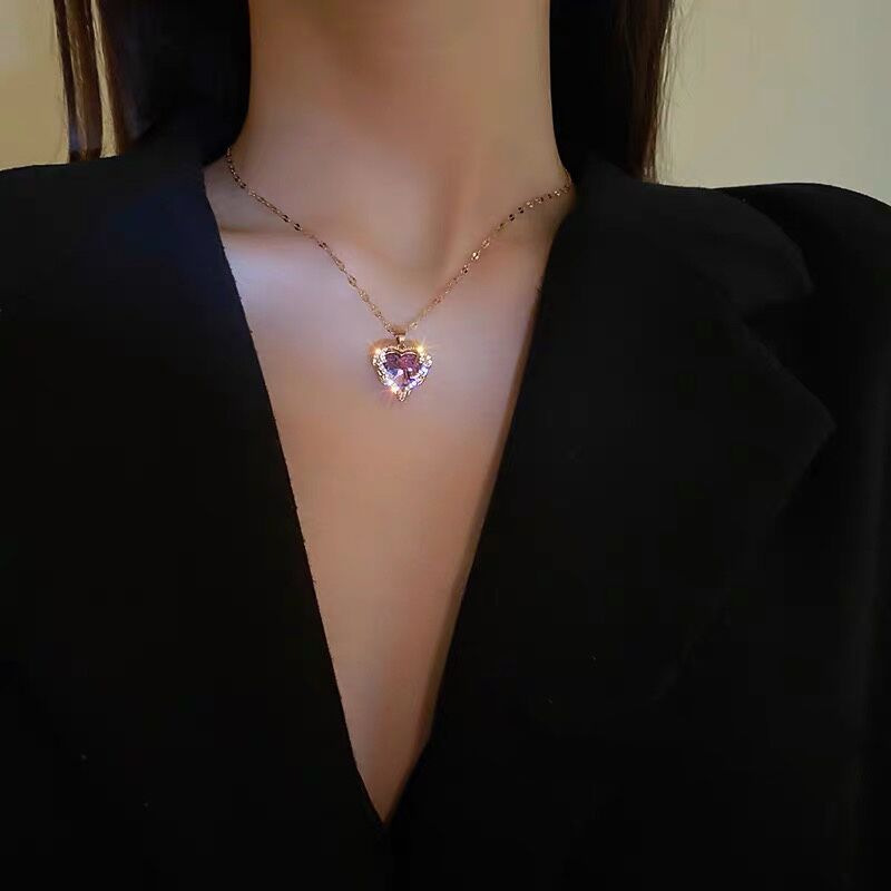 Titanium Steel Ocean Heart Titanium Steel Necklace Women's Full Diamond Colorful Crystal Pendant Clavicle Chain Trend Short Sweater Chain -319