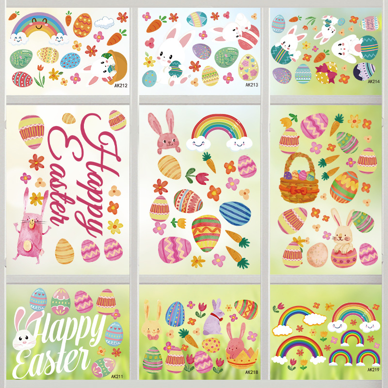 2022 New Cross-border Cartoon Rabbit Wall Stickers Mall Glass Window Electrostatic Decorative Easter Egg Stickers