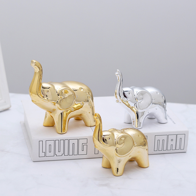 Cross-border gold silver rose elephant ceramic statue home office desktop bookshelf living room decorative ornaments