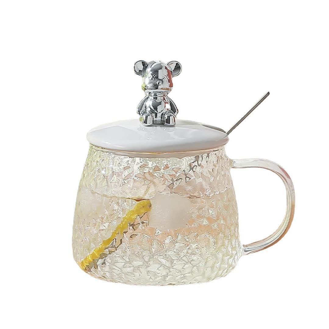 ins-style Cute Heat-resistant Glass Cup Girl's High-value Mug with Lid and Spoon Bear Glass Office