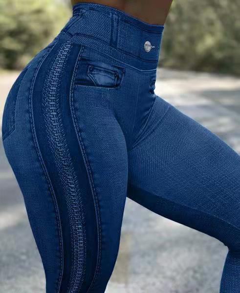 In Stock European and American AliExpress popular women's fashion zipper printing Denim sports leggings hip lifting plus size