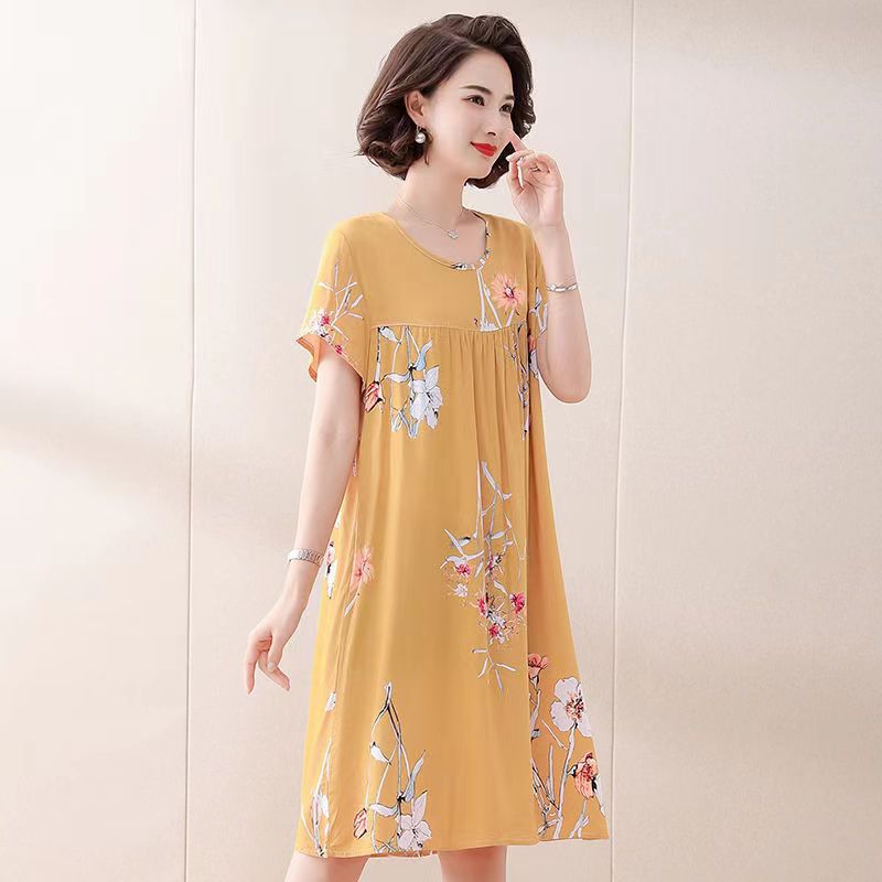 2023 New Women's Cotton Print Dress Short-sleeved Summer Thin Household Outer-wearable Casual Nightdress