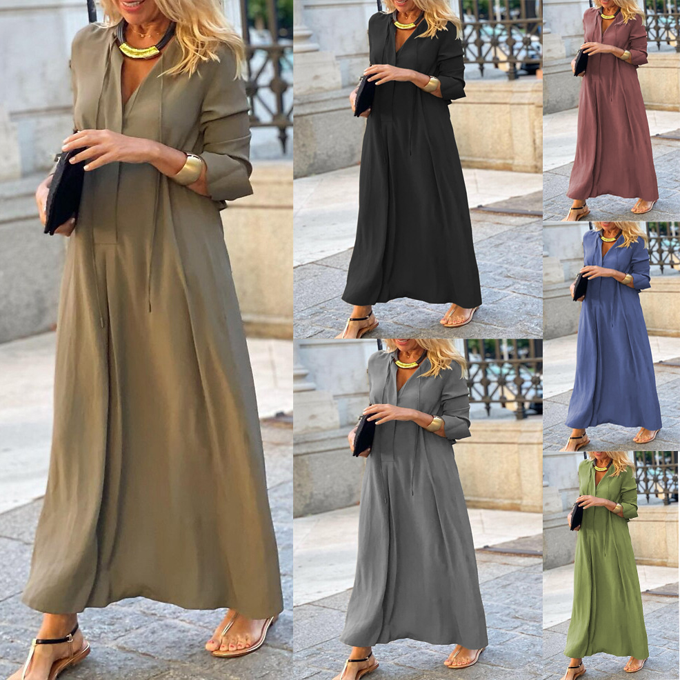 2022 Europe and the United States cross-border new large skirt solid color lapel long sleeve simple casual long shirt dress