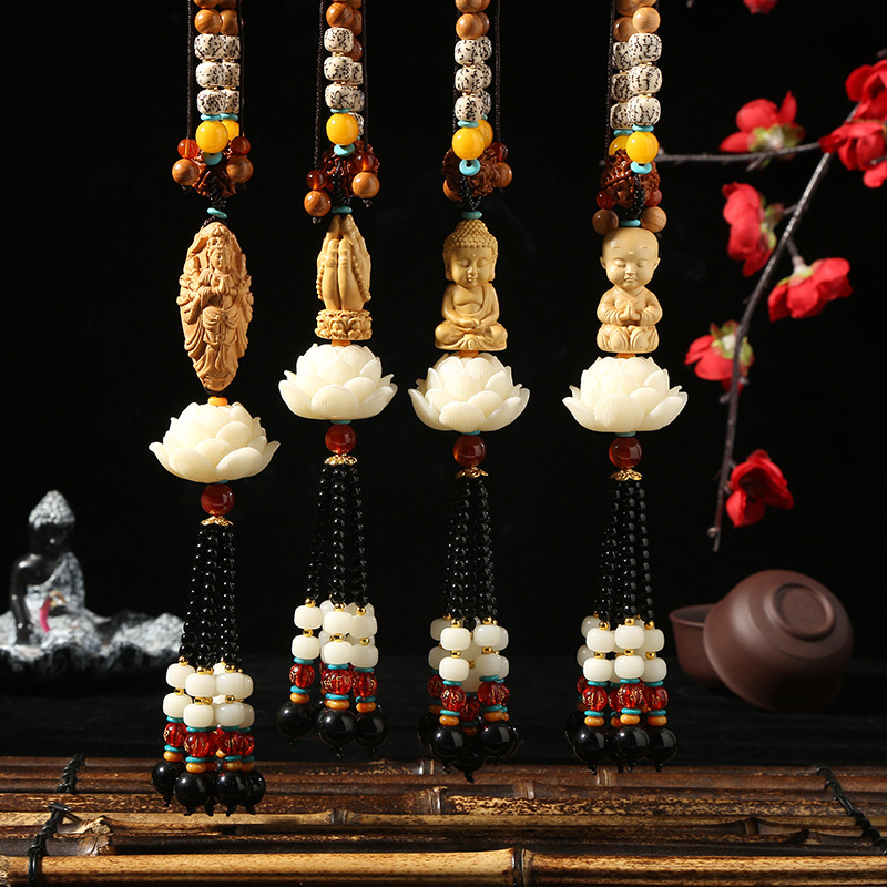 Guanyin Lotus Car Pendant Car Interior Rearview Mirror Hanging Decoration Safe Boxwood Maitreya Pendant Creative Wholesale