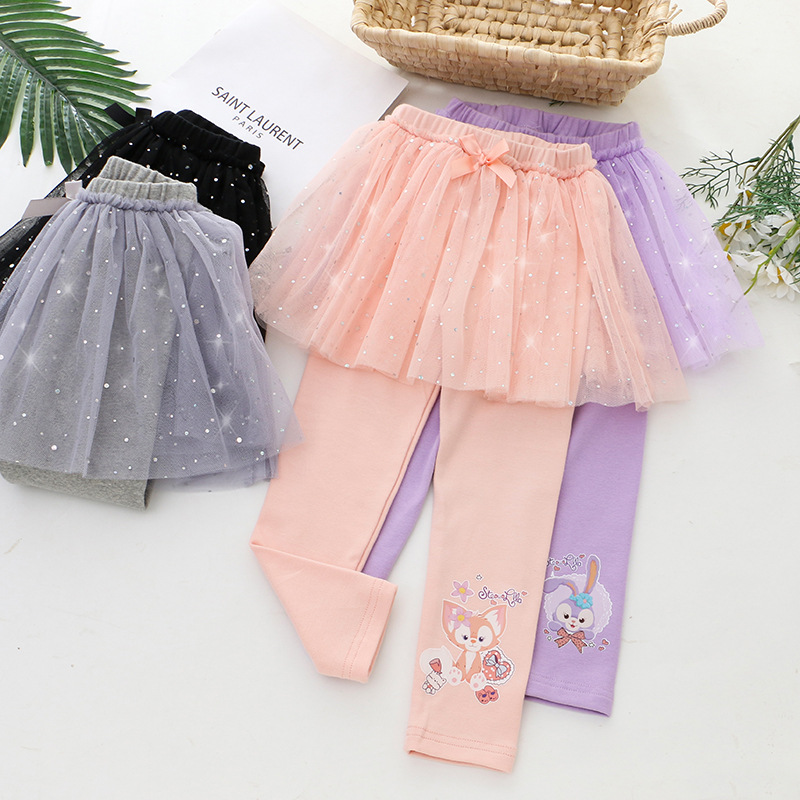 2023 Korean version of children's clothing new autumn girls skirt gauze fake two small and medium-sized children's cartoon printing a generation of hair