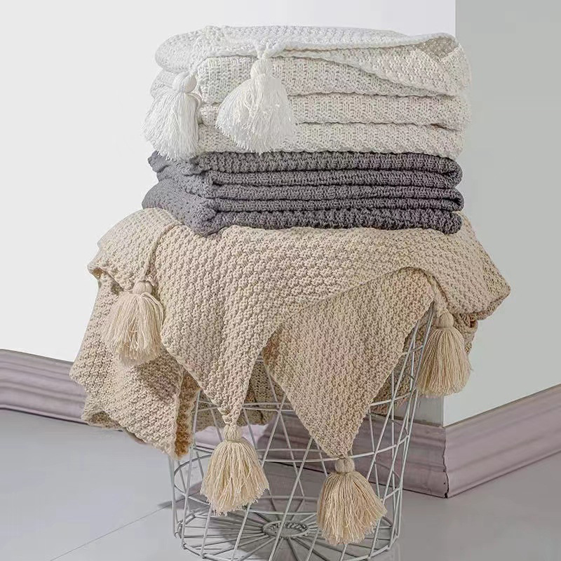 Nordic Tassel Knitted Wool Blanket Baby Blanket Air Conditioning Lunch Break Blanket Shawl Blanket Sofa Casual Blanket with Ball