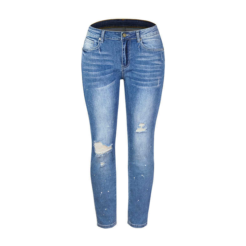 2022 new cross-border Europe and the United States Amazon ripped paint feet high elastic ladies jeans super hot