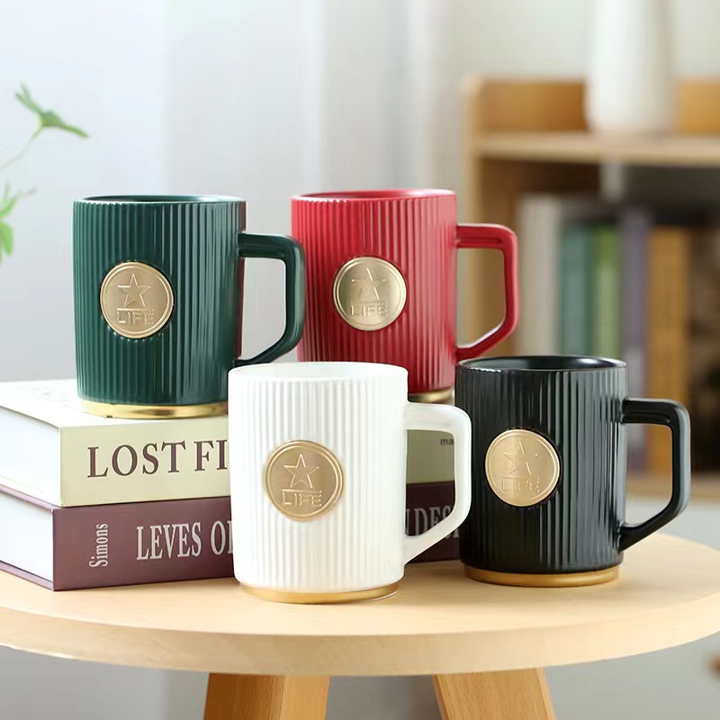 Xingba style coffee cup dark green striped copper seal mug matte red black and white ceramic cup water cup can be customized logo