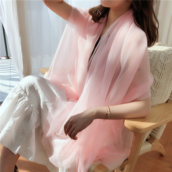 Silk Scarf Spring and Summer Lightweight Chiffon Scarf Ultra-thin Solid Color Ice Silk Scarf Long Beach Sunscreen Large Shawl Beach Towel