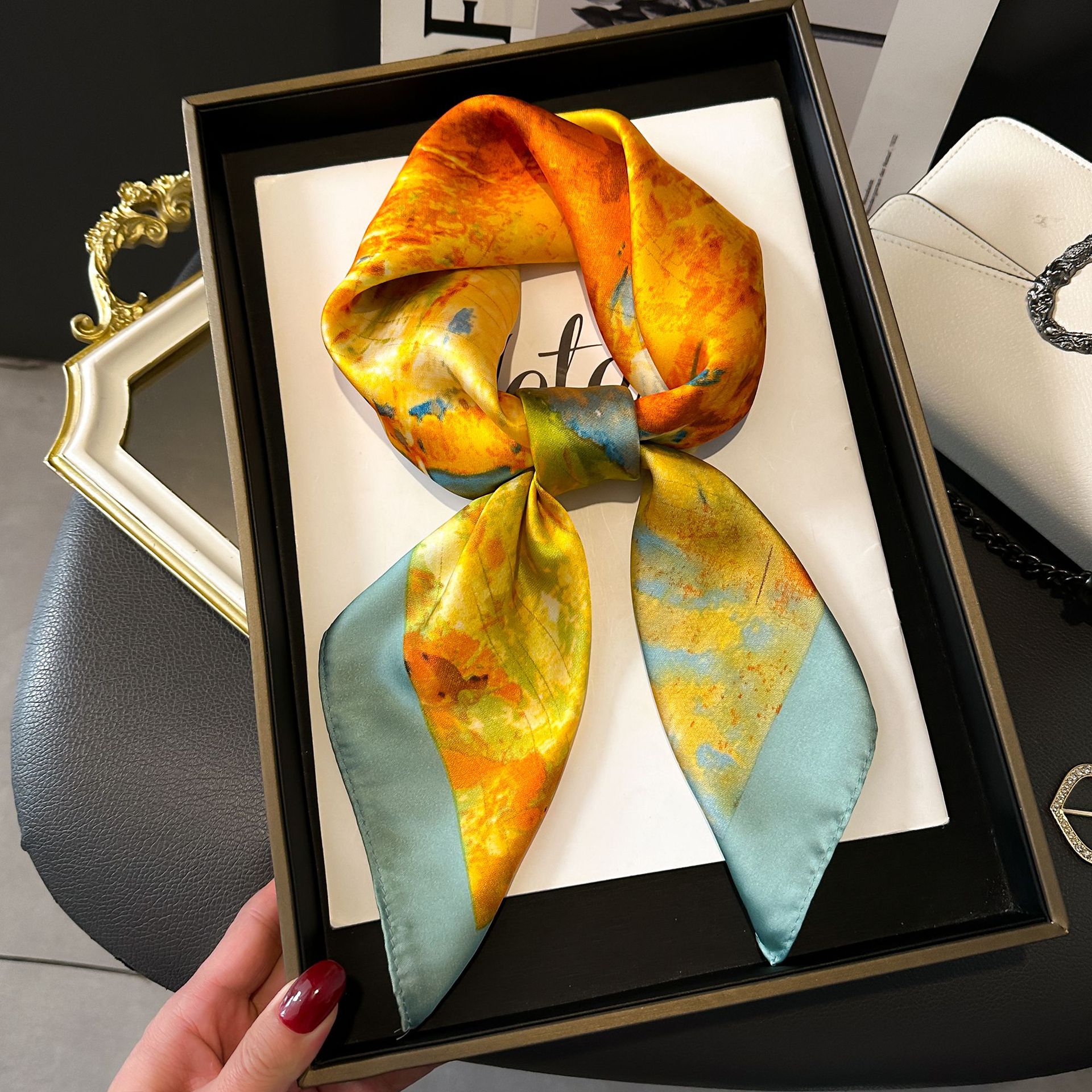 New artificial silk scarf square scarf versatile high-grade professional scarf decorative tie bag ribbon French Fashion square scarf