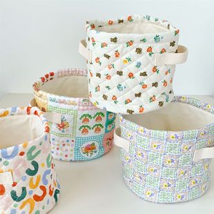 ins Fabric Sundries Desktop Storage Basket Toy Cosmetic Bag Portable Basket Bear Bucket Bag Folding Quilted Cotton Cloth