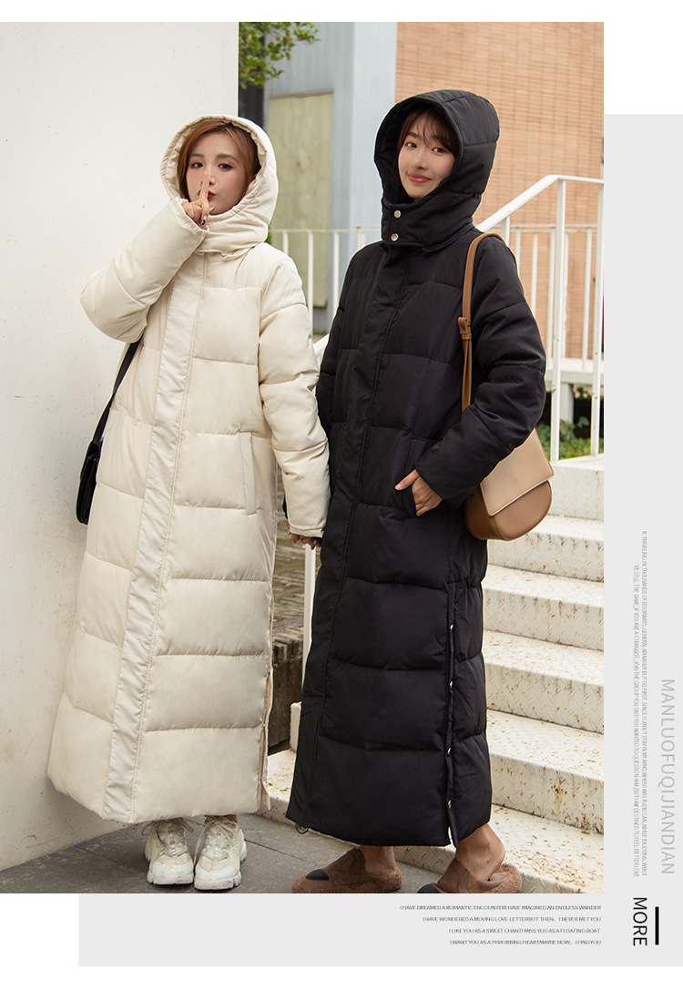 Long over-the-knee hooded Warm jacket jacket women's winter coat thickened warm over-the-knee solid color casual slim-fit cotton-padded jacket fashion_voghion.com