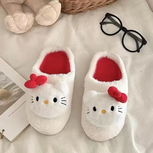 Cute bowknot KT cat home plush slippers autumn and winter thickened non-slip slippers cartoon student dormitory cotton slippers