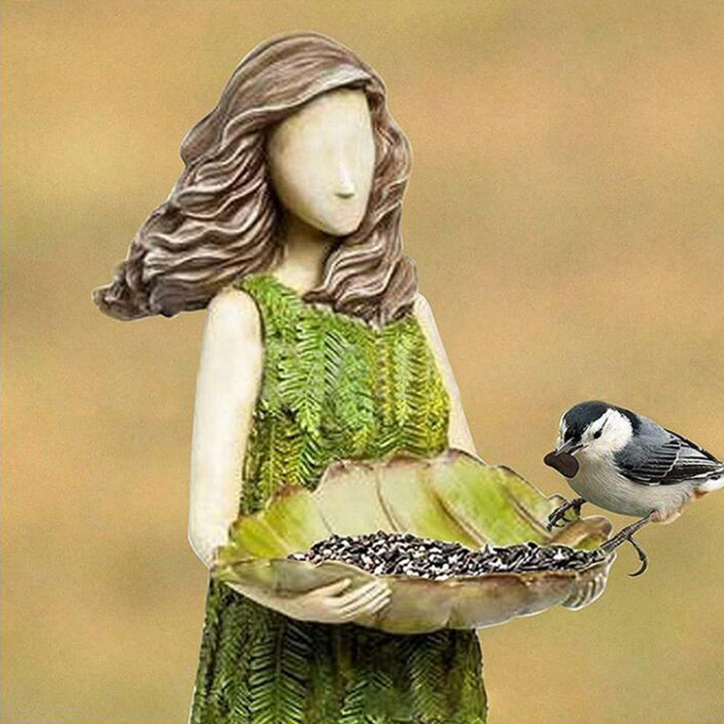 Fairy Tale Forest Girl Bird Feeder Resin Crafts Outdoor Garden Statue Courtyard Lawn Decoration Resin Ornaments
