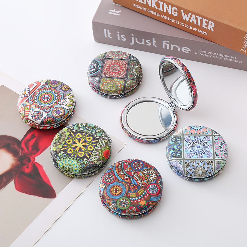 Bohemian style folding bread mirror retro style portable round bread mirror thick double-sided pu pocket mirror