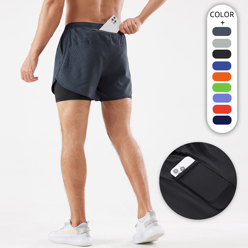 Cross-border American Sports Quick-drying Three-point Shorts Men's Large Size Outdoor Running Leisure Beach Swimming Trunks Double-layer Fitness Pants