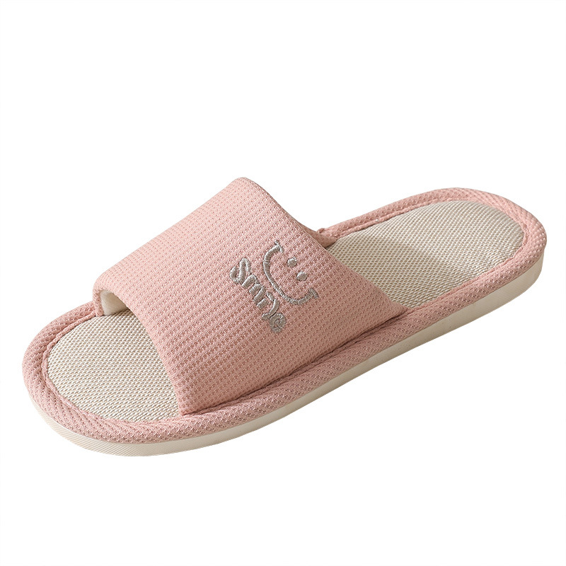 Linen slippers men's summer home indoor embroidery smiley face office Four Seasons cotton linen slippers men's home mute