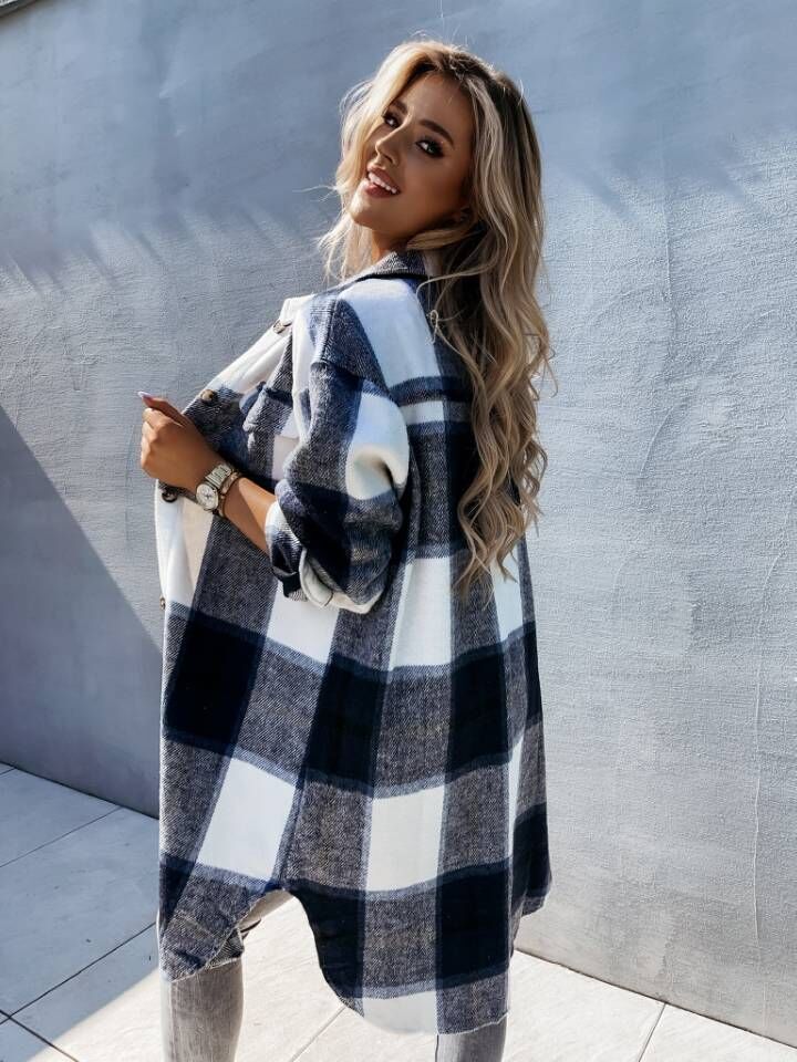 Amazon AliExpress New European and American Style Straight Single Breasted Plaid Long Sleeve Shirt Large Size Jacket