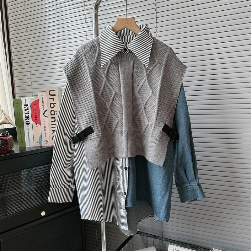 Design sense Denim stitching two-piece sweater for women 2023 autumn and winter New versatile slimming small knitted top