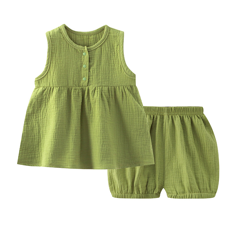 Baby Girl's Gauze Dress Set New Solid Color Comfortable Double-Layer Cotton Yarn Girls' Cardigan Pajamas Home Clothes Two-Piece Set