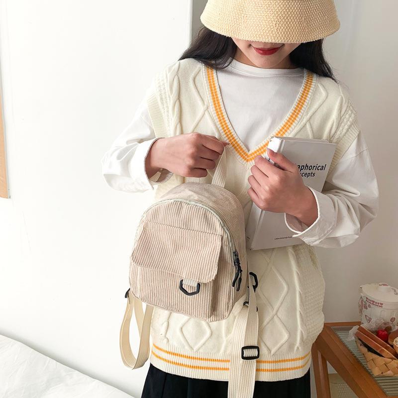 Korean Style Casual All-match Simple Vintage Corduroy Solid Color Japanese Style Women's Backpack Student Schoolbag Women's Trendy Backpack