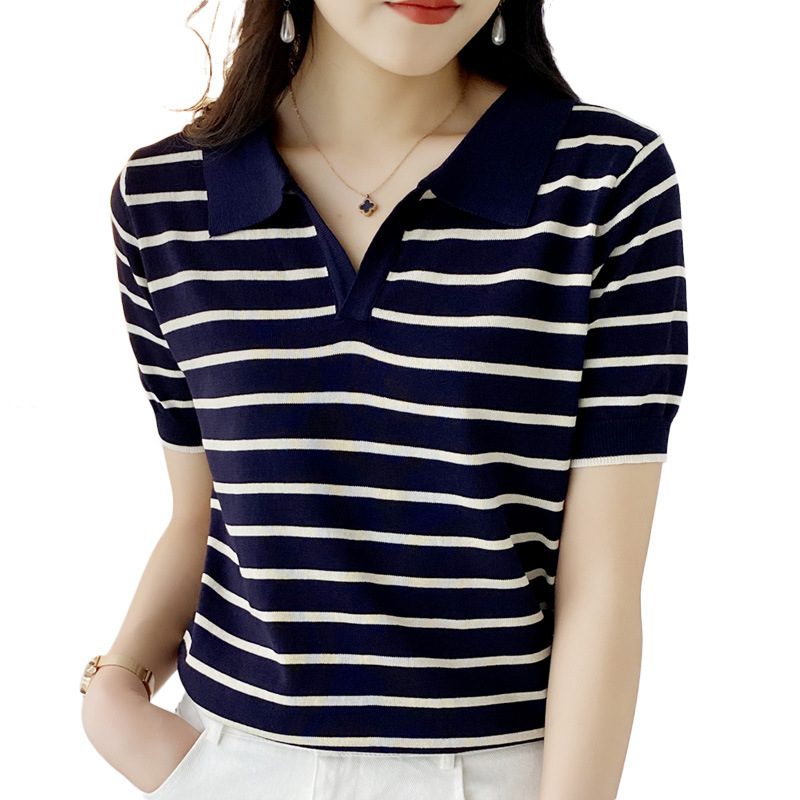Polo Shirt Summer 2023 New Korean Striped Short-sleeved Knitted Shirt Women's Thin Slimming Polo Collar T-shirt