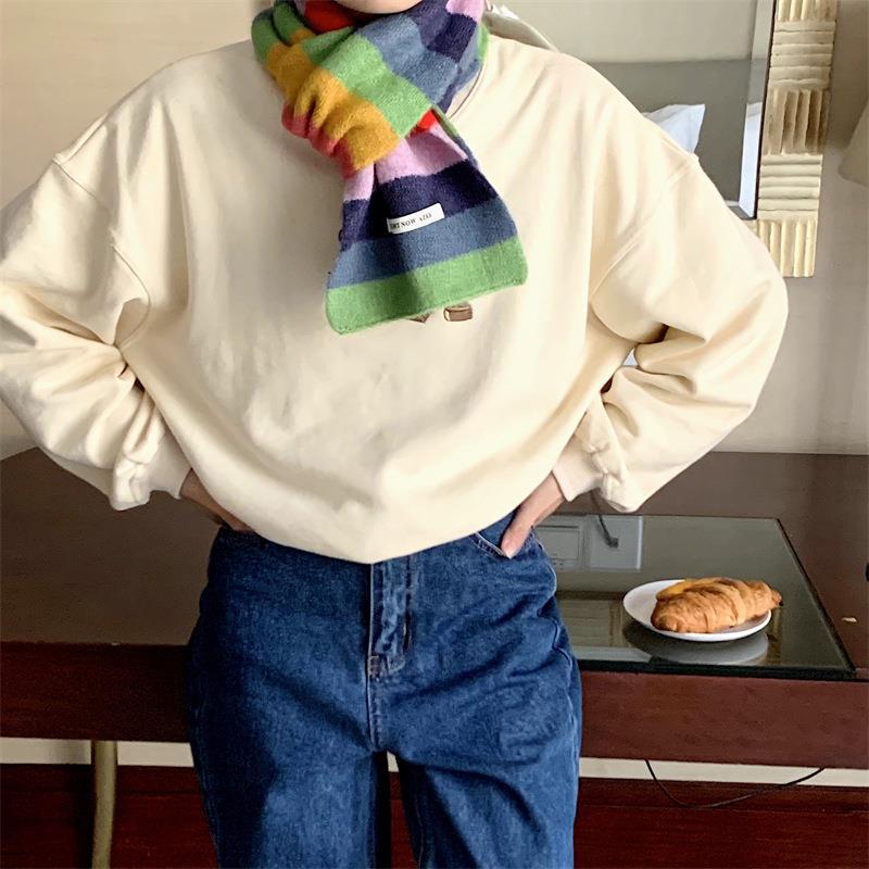 Rainbow Strip Mohair Scarf Women's Winter Korean Color Block Striped Wool Short Neck Student Warm Short Scarf for Men