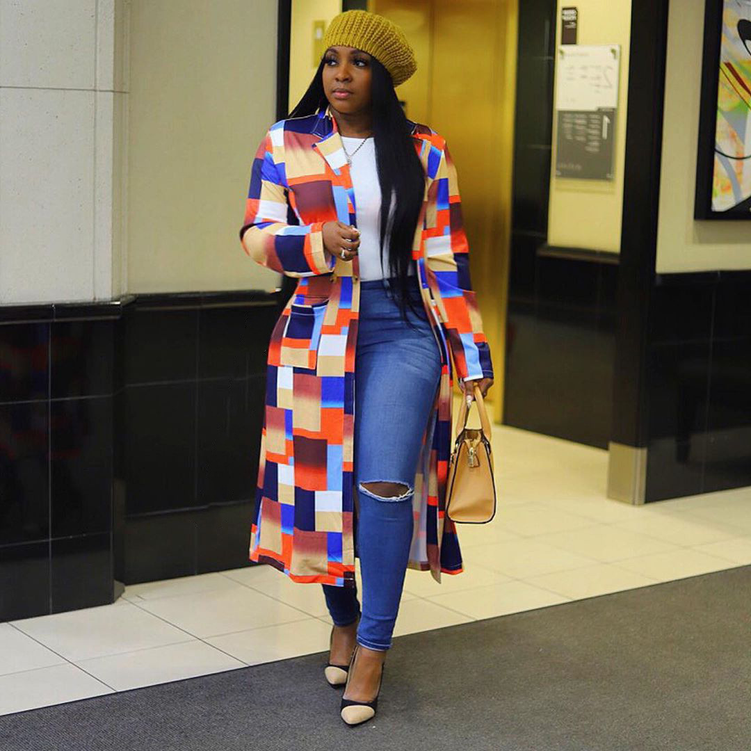 Autumn and winter New trench coat cross-border European and American plus size plaid printed double-breasted lapel coat coat women's coat_voghion.com