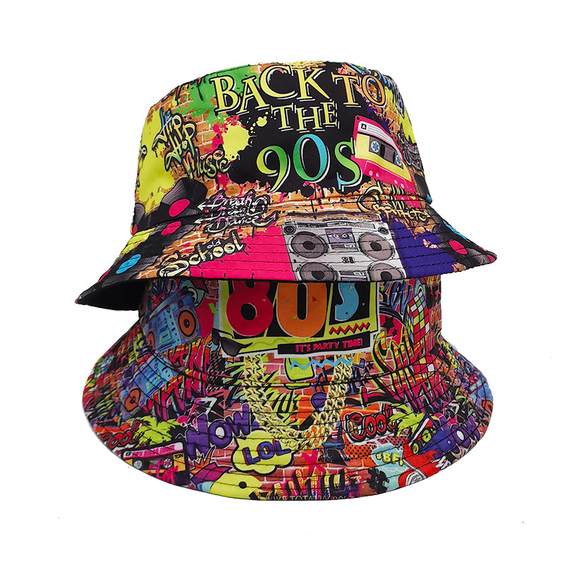 Chapeau de pêcheur à motif de ruban adhésif rétro nostalgique européen et américain des années 80 et 90 pour femme, chapeau de protection solaire d'extérieur double face pour printemps et été_voghion.com