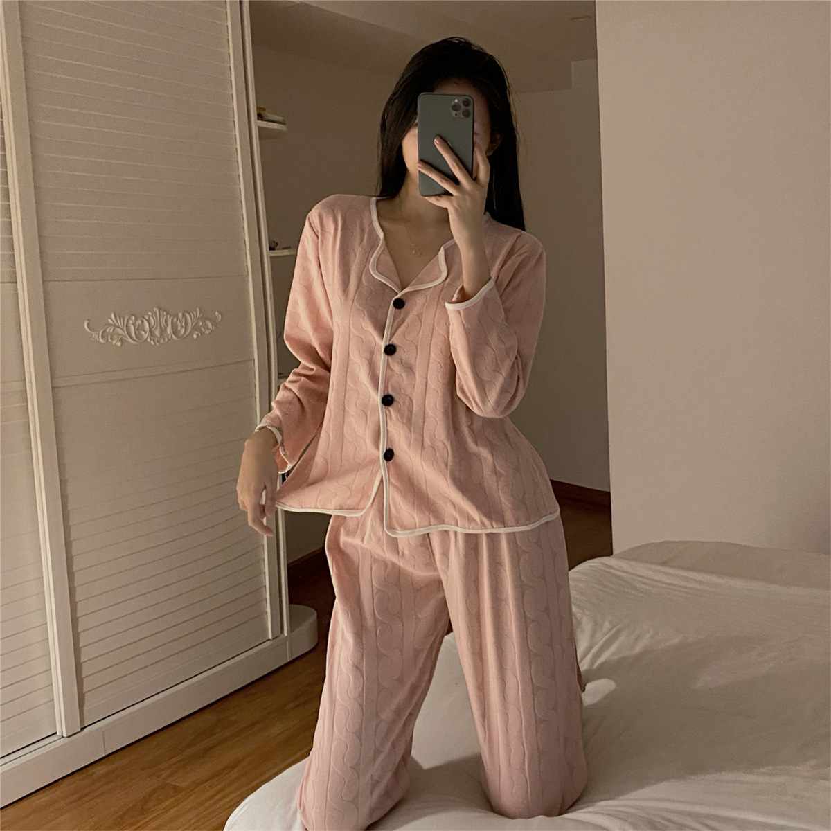 Korean Spring New Internet Celebrant Long-sleeved Pajamas Women's Jacquard Cute Girl's Home Clothes Student's Sweet Live Suit