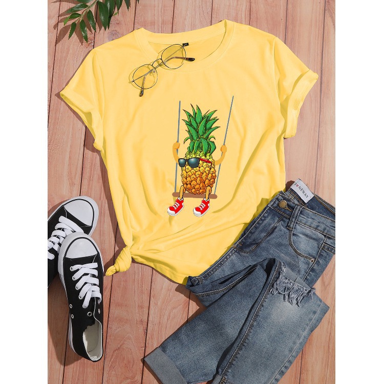 European and American cross-border creative cartoon pineapple letter print casual short-sleeved T-shirt for women