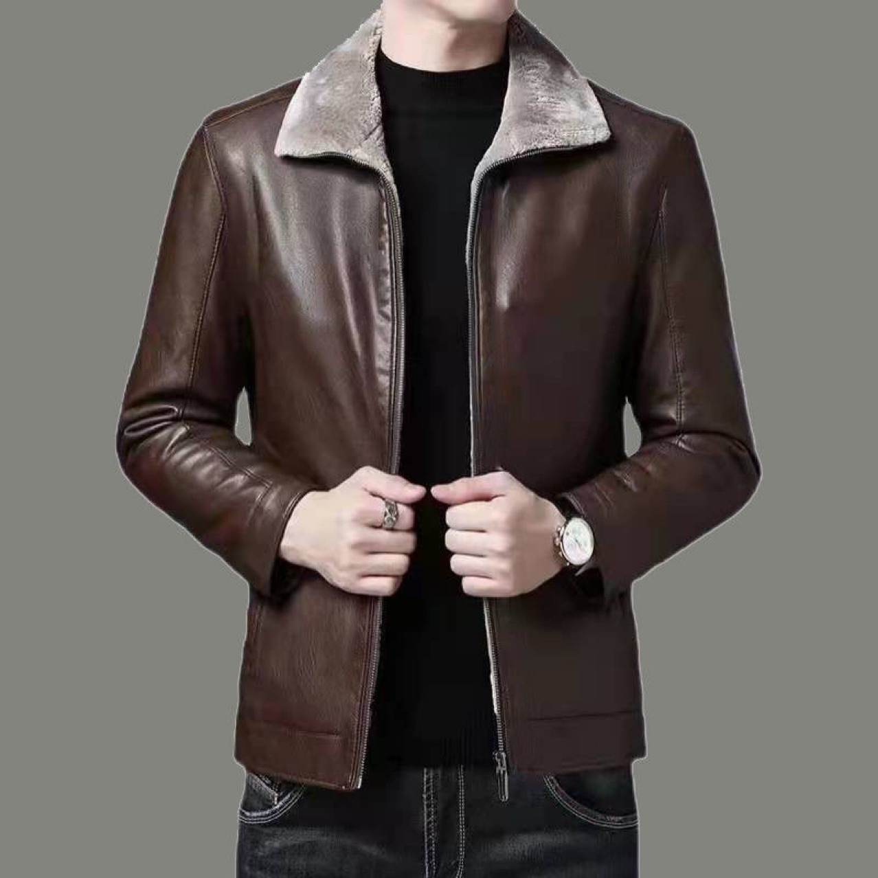 Fur One Haining Autumn and Winter Velvet Leather Clothes Men's Middle-aged Men's Leather Jacket Coat Winter Clothes