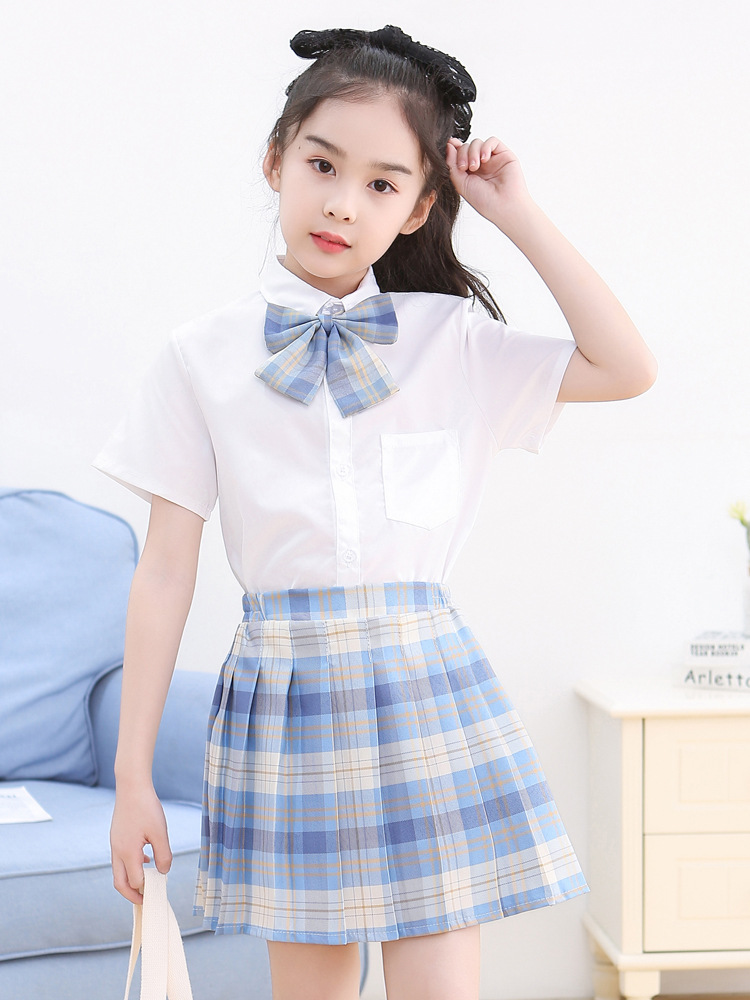 Children's JK uniform girls' summer short-sleeved suit basic shirt plaid pleated skirt children's plaid skirt