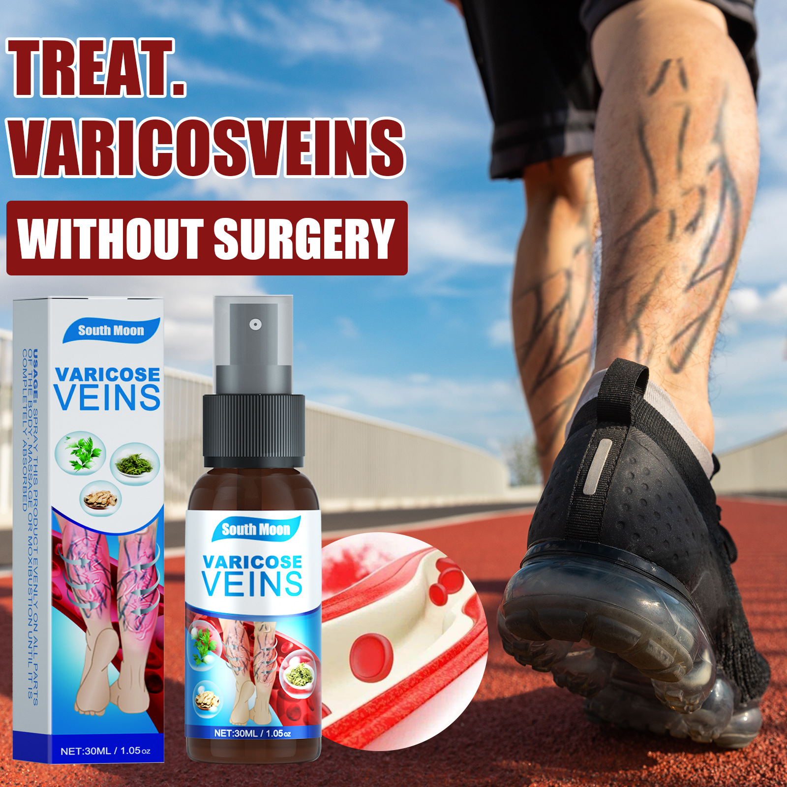 South Moon intravenous spray relieving Qu Zhang Fuping blood vessel bulge earthworm leg leg massage spray