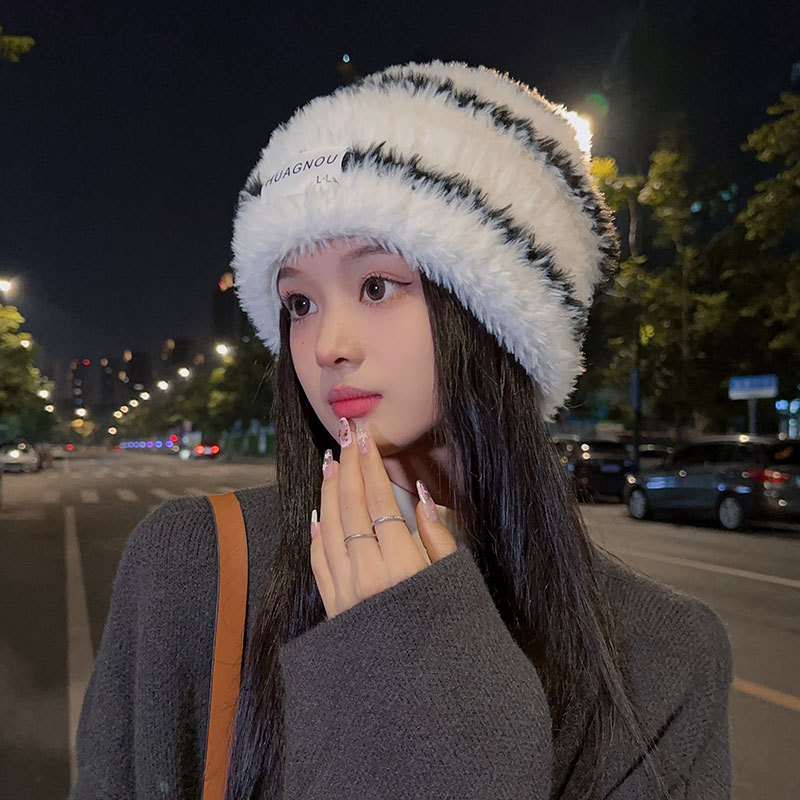 Woolen hat autumn and winter women's all-match knitted closed toe small warm white plush cold hat big head circumference