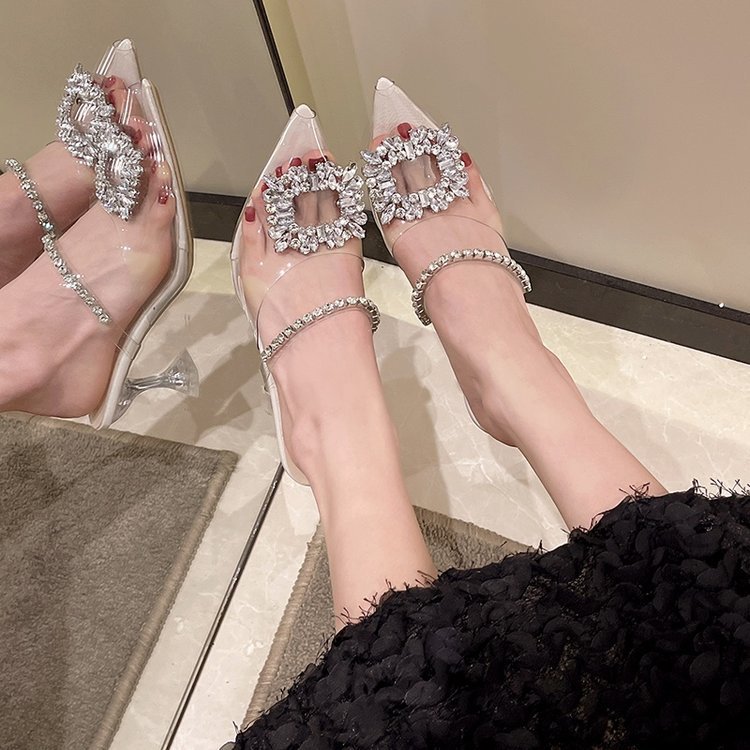Pointed High-heeled Fashionable Outwear Sandals for Women 2023 Summer New Korean Style Rhinestone Sandals with Thin Heels