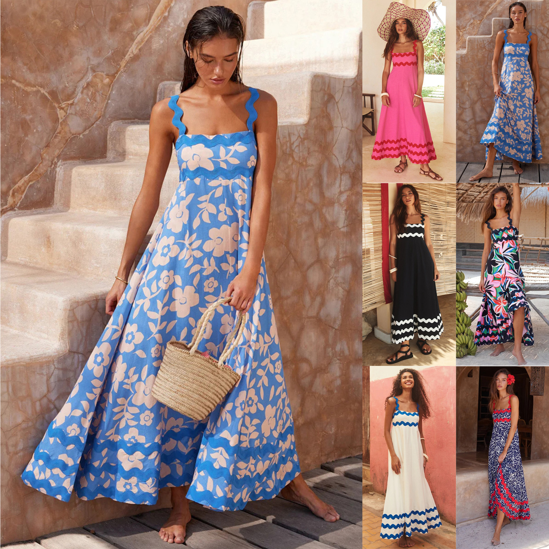 24 years foreign trade Southeast Asia new small floral wave strap skirt high-end temperament A- line dress-88166