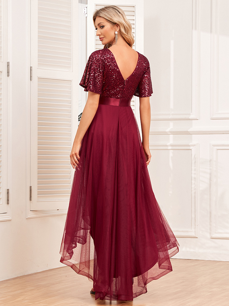 New elastic waist stitching elegant V-neck ruffles short sleeve evening dress swing word puffy tulle irregular maxi dress