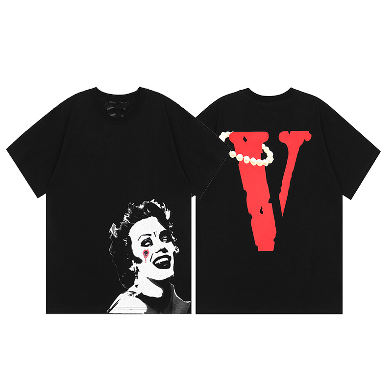 thumbnail for Single: VLONE FOG trendy brand, big V, letter logo, cherry blossom short sleeve, sketch embroidery, lip print, graffiti print T-shirt