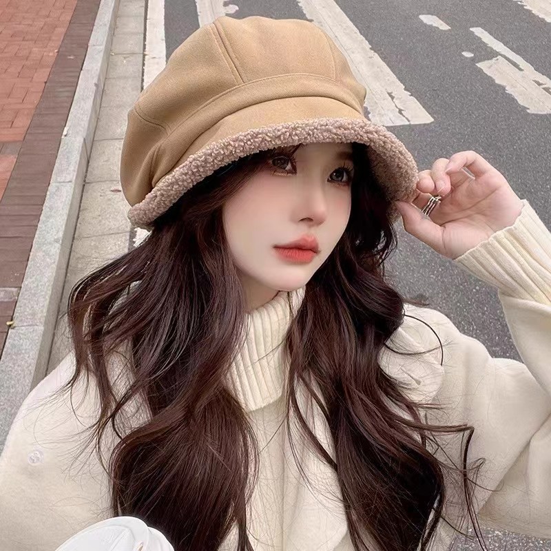 Face-looking small big head hat female winter series pile hat fleece-lined octagonal hat three-in-one all-match plush fisherman hat