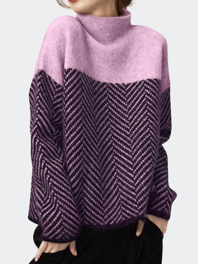 French design sense niche pullover popular sweater turtleneck loose all-match striped lazy style thickened sweater for women