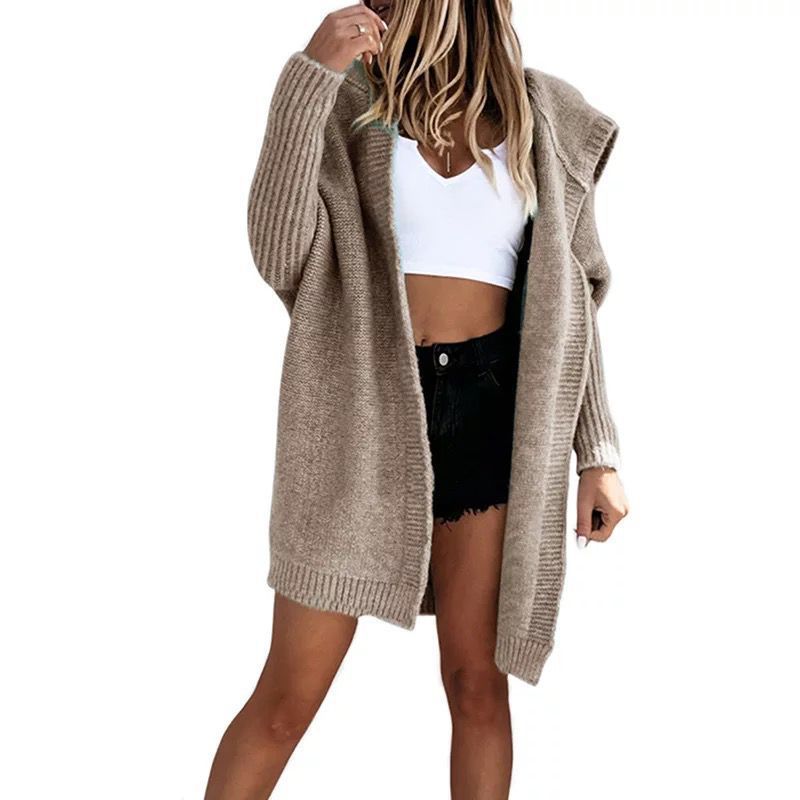 Neuer einfarbiger Freizeitpullover für Damen im Herbst und Winter mit lockerer Strickjacke mit Kapuze, mittellange Jacke_voghion.com