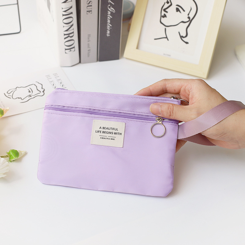 Korean style student cute portable double-layer phone bag female wrist zipper solid color fresh lipstick makeup storage bag