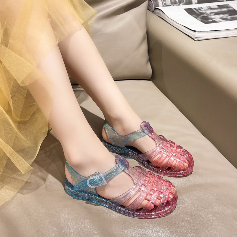 European and American Cross-border New Children's Shoes Women's Children's Cave Shoes Baotou Jelly Baby's Roman Shoes Simple Contrast Color Sandals
