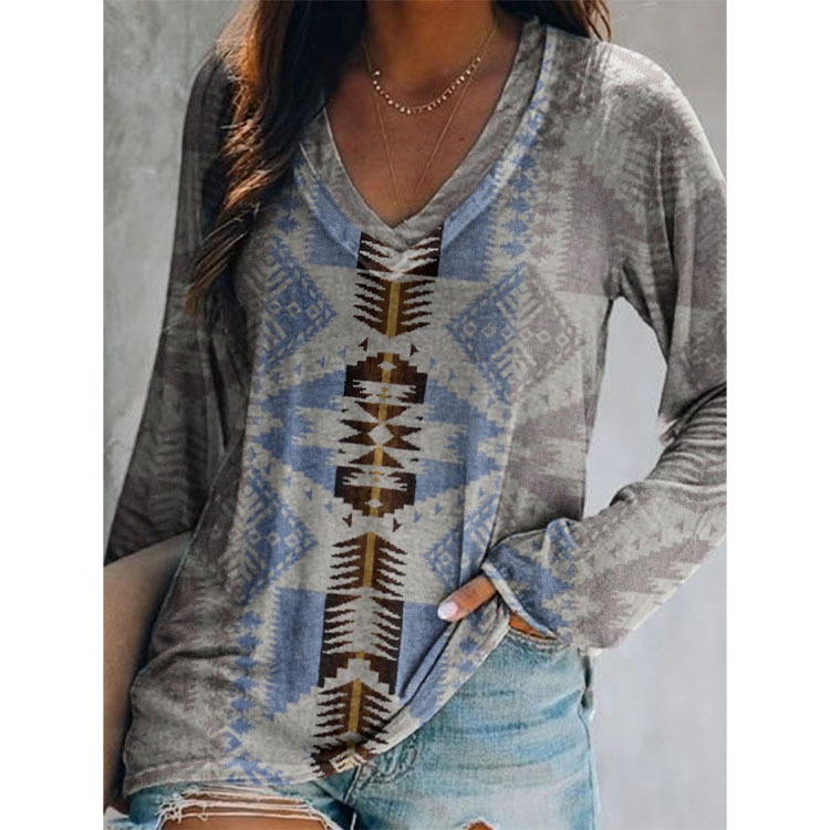 Independent Station Hot Selling Explosions European and American 2021 Autumn and Winter New Style Top Ethnic Style Positioning Printing Long Sleeve T-Shirt for Women