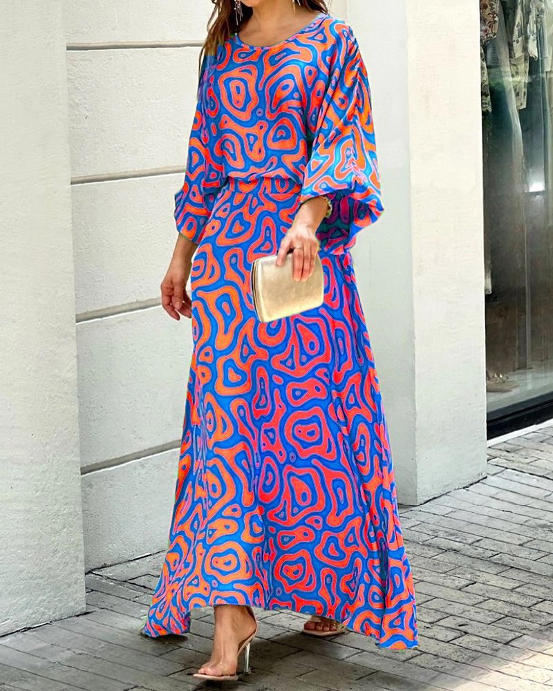 2022 cross-border European and American women's autumn New loose printed long-sleeved top high waist half-length plus size long skirt suit