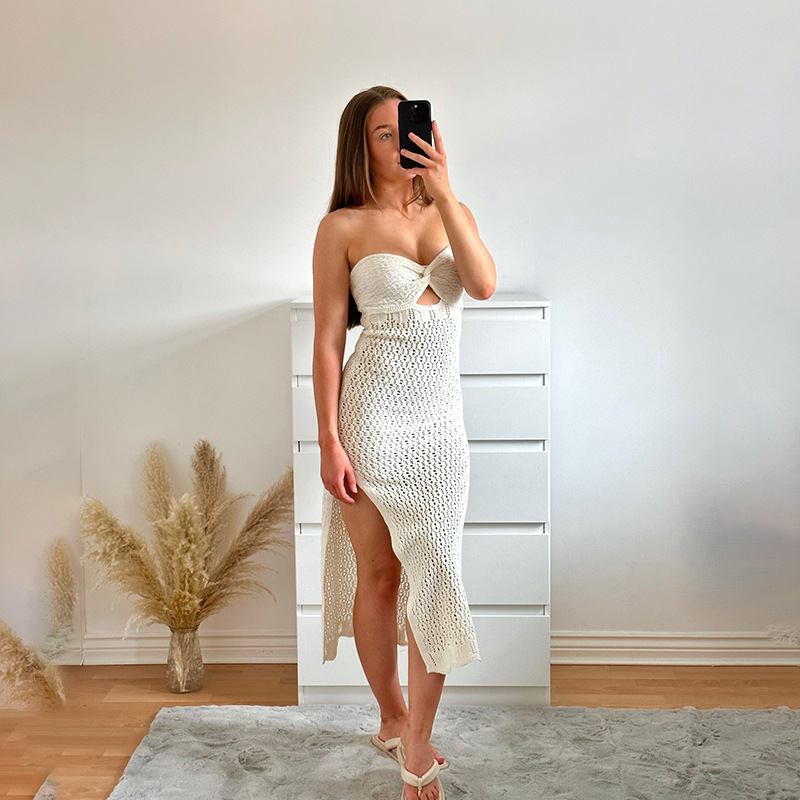 2023 Summer new blogger chest tube top open mesh hollow knitted elastic hip-wrapped hot girl dress
