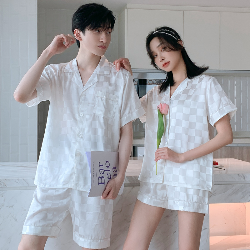 Spring and Summer Square Couple Pajamas Women's Ice Silk Short-sleeved Shorts Summer Silk Men's suit Spring and Autumn Home Clothes